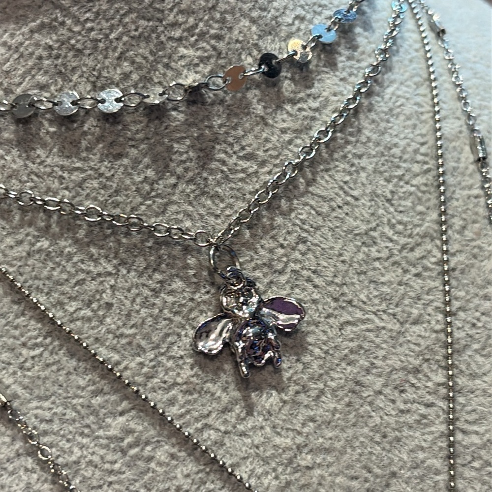 Honeybee Medallion Silver Layered Necklace Set with North Star Pendant